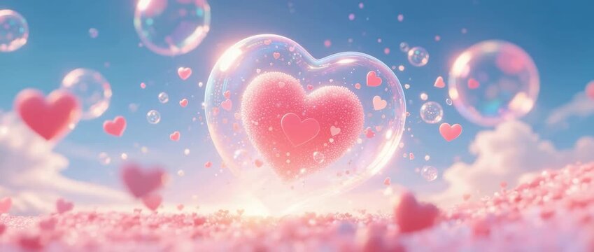 Pink heart-shaped balloons drift romantically through a blue sky, symbolizing love and celebration