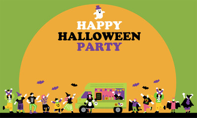 キッチンカーとハロウィンパーティーと仮装を楽しむ人々の手書きイラスト