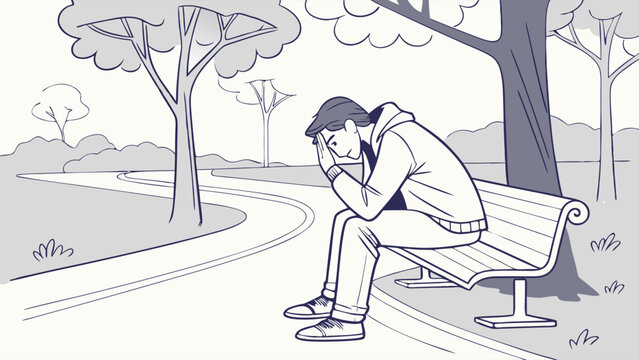 A man sitting on a park bench looking sad and contemplative in a natural setting.