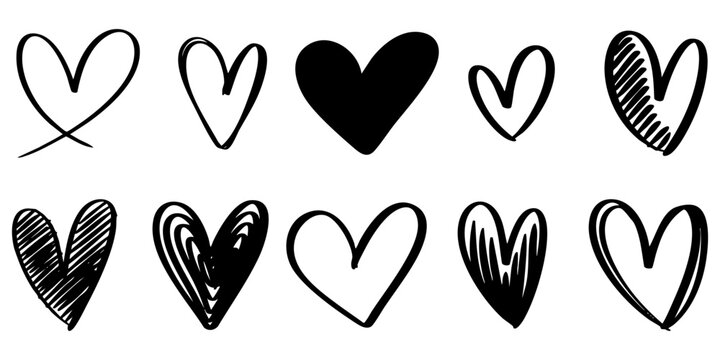 Collection of hand drawn heart doodles in different styles, black ink sketch, isolated on white background.