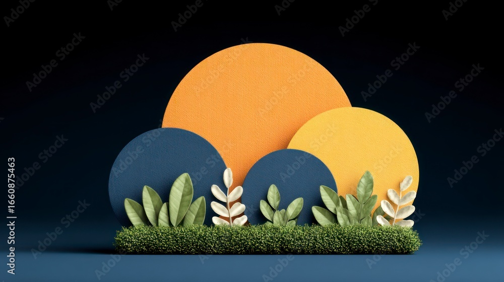 Poster abstract composition of overlapping circles with green foliage and textured background