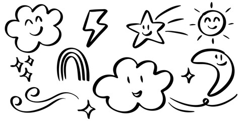 Cute hand drawn doodle illustration featuring happy clouds, smiling sun, moon, stars, rainbow, lightning, and decorative swirls.