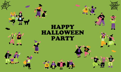 ハロウィンパーティーと仮装を楽しむ人々の手書きイラスト