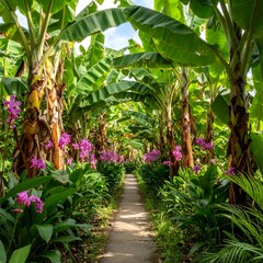 Lush tropical walkway lined with banana trees and orchids