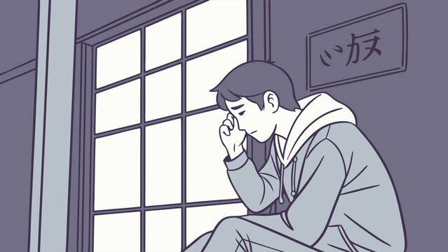 Sad young man sitting by window.