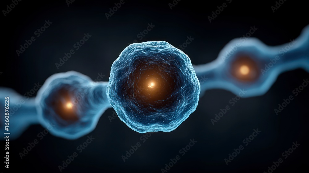 Poster close up view of a microscopic cell with internal glowing nucleus science