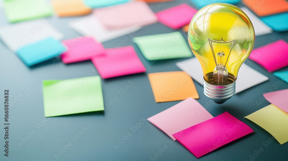 Poster creative workspace with a lightbulb and colorful sticky notes on a desk for brainstorming and idea g
