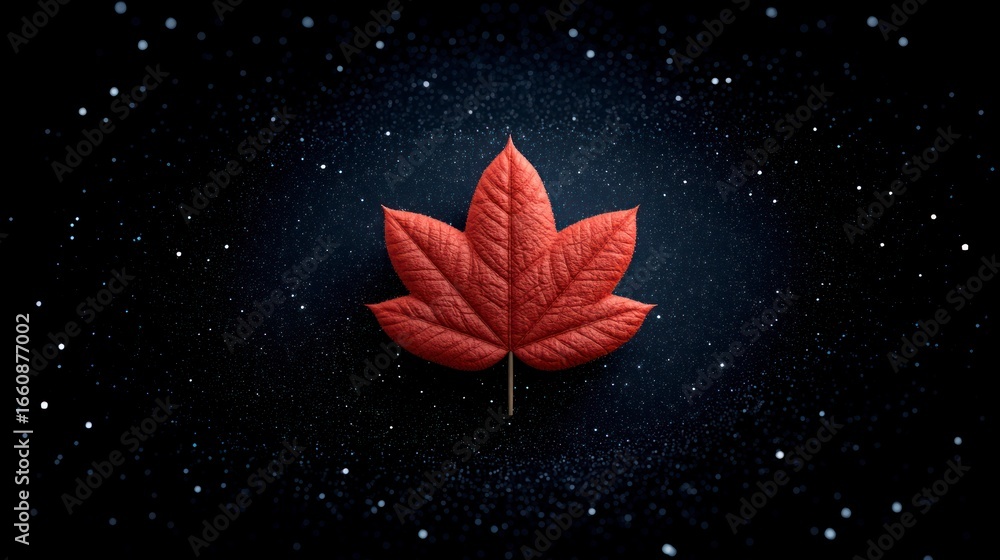 Poster detailed red maple leaf centered on a dark textured background with scattered white dots