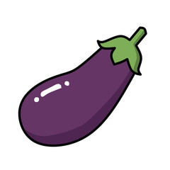 A single, stylized eggplant dominates the frame, positioned centrally against a stark white background. The eggplant is a deep, glossy purple, outlined with a thick, dark black line, giving it a carto