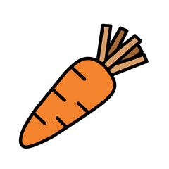 A single, stylized carrot dominates the frame, angled slightly from the upper left to the lower right against a plain white background. The carrot is a vibrant orange, outlined with a thin black borde