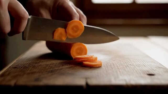 A carrot is being sliced on a wooden cutting board with a silver knife with a persons hand visible holding the knife