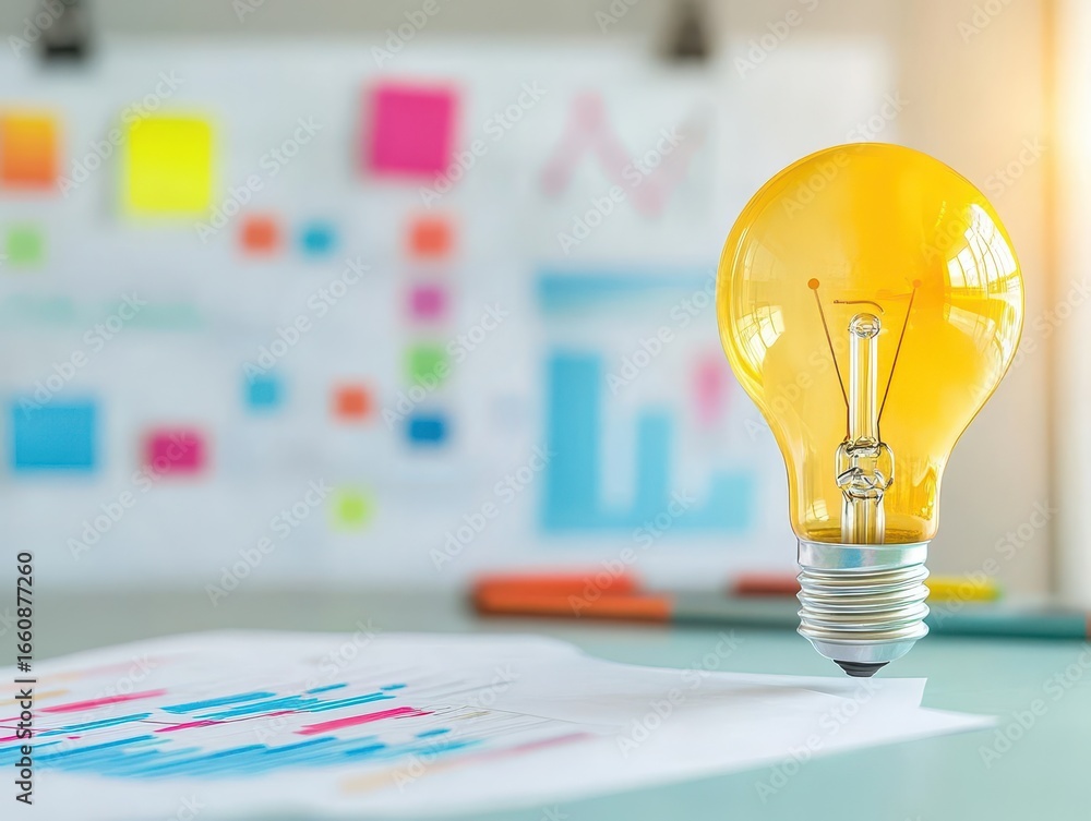Poster creative work space with illuminated yellow light bulb and colorful charts and graphs in background,