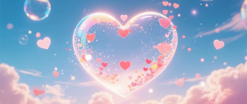 Heart-shaped balloons drift romantically in a blue sky, symbolizing love and celebration