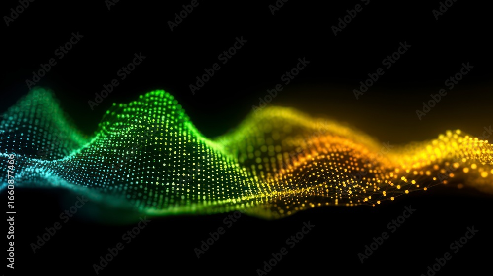 Poster abstract digital data wave with glowing particles transitioning from green to yellow