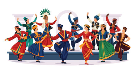A group of diverse people in colorful traditional costumes perform a coordinated folk dance on a stage with a simple architectural backdrop.