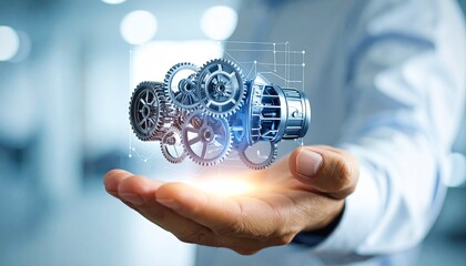 The cross-section of an aircraft engine and its rotating gears floating above your hand, giving the impression of advanced manufacturing.