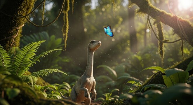 Render depicts a dinosaur gazing at a butterfly in lush, green jungle foliage bathed in sunlight streaming through the canopy