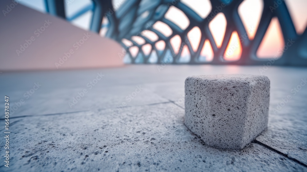 Poster textured concrete block sits on a tiled floor beneath an abstract architectural structure