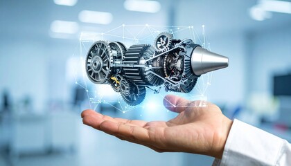 The cross-section of an aircraft engine and its rotating gears floating above your hand, giving the impression of advanced manufacturing.