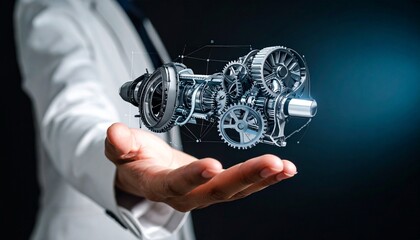 The cross-section of an aircraft engine and its rotating gears floating above your hand, giving the impression of advanced manufacturing.