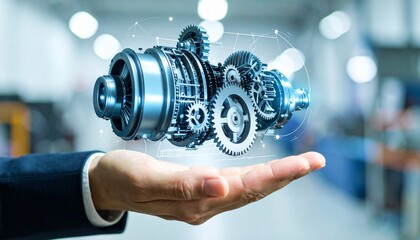 The cross-section of an aircraft engine and its rotating gears floating above your hand, giving the impression of advanced manufacturing.