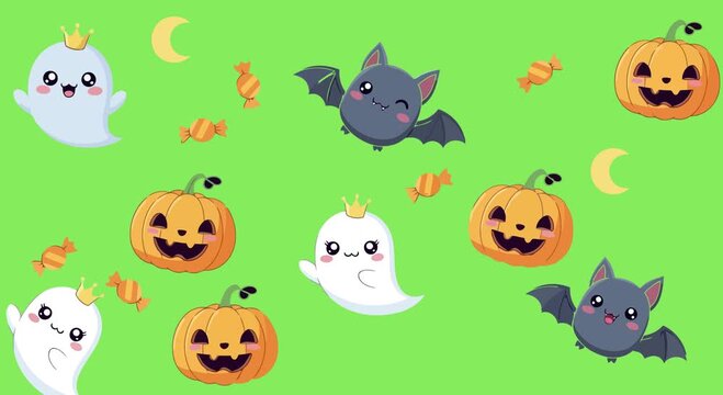 Cute kawaii Halloween seamless pattern with ghost, bat, and pumpkin characters. Spooky and fun holiday background vector for kids and textiles