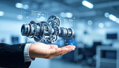 The cross-section of an aircraft engine and its rotating gears floating above your hand, giving the impression of advanced manufacturing.