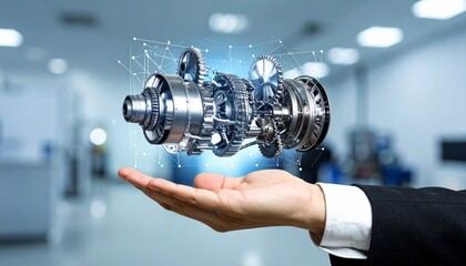 The cross-section of an aircraft engine and its rotating gears floating above your hand, giving the impression of advanced manufacturing.