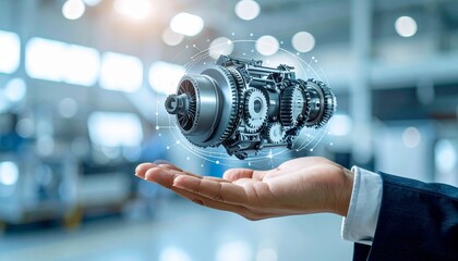 The cross-section of an aircraft engine and its rotating gears floating above your hand, giving the impression of advanced manufacturing.
