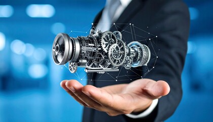 The cross-section of an aircraft engine and its rotating gears floating above your hand, giving the impression of advanced manufacturing.