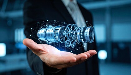 The cross-section of an aircraft engine and its rotating gears floating above your hand, giving the impression of advanced manufacturing.