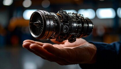 The cross-section of an aircraft engine and its rotating gears floating above your hand, giving the impression of advanced manufacturing.