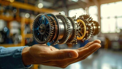 The cross-section of an aircraft engine and its rotating gears floating above your hand, giving the impression of advanced manufacturing.