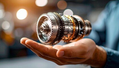 The cross-section of an aircraft engine and its rotating gears floating above your hand, giving the impression of advanced manufacturing.