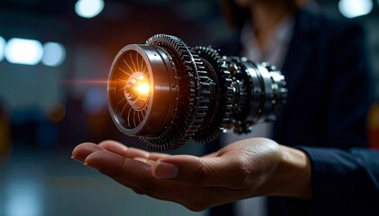 The cross-section of an aircraft engine and its rotating gears floating above your hand, giving the impression of advanced manufacturing.