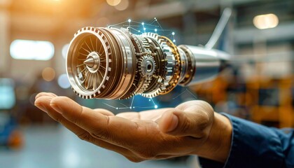 The cross-section of an aircraft engine and its rotating gears floating above your hand, giving the impression of advanced manufacturing.