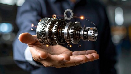 The cross-section of an aircraft engine and its rotating gears floating above your hand, giving the impression of advanced manufacturing.