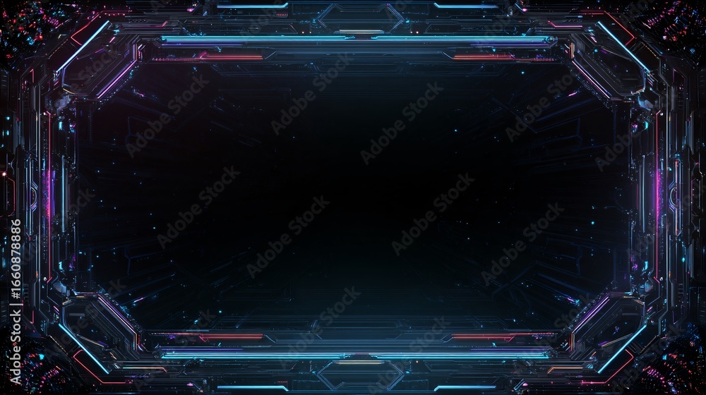 Poster intricate digital framework with vibrant neon lines framing a dark background.
