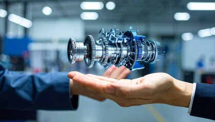 The cross-section of an aircraft engine and its rotating gears floating above your hand, giving the impression of advanced manufacturing.
