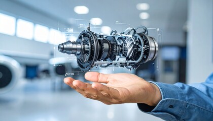 The cross-section of an aircraft engine and its rotating gears floating above your hand, giving the impression of advanced manufacturing.