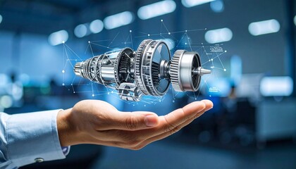 The cross-section of an aircraft engine and its rotating gears floating above your hand, giving the impression of advanced manufacturing.