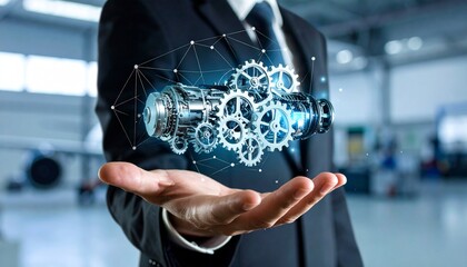 The cross-section of an aircraft engine and its rotating gears floating above your hand, giving the impression of advanced manufacturing.