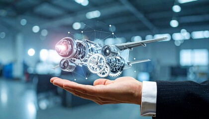 The cross-section of an aircraft engine and its rotating gears floating above your hand, giving the impression of advanced manufacturing.