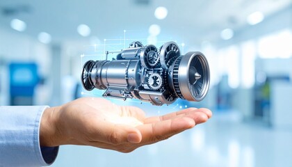The cross-section of an aircraft engine and its rotating gears floating above your hand, giving the impression of advanced manufacturing.