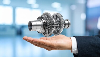 The cross-section of an aircraft engine and its rotating gears floating above your hand, giving the impression of advanced manufacturing.