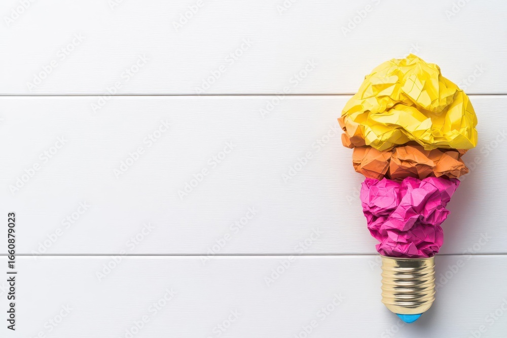 Aufkleber brightly colored crumpled paper in the shape of a light bulb on a clean white wooden surface backgro