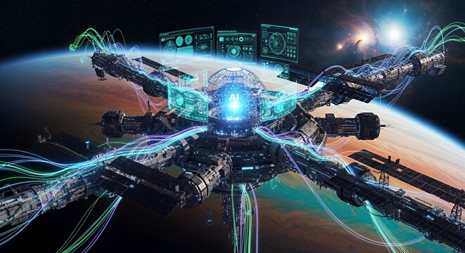 Futuristic Space Station Orbiting Earth