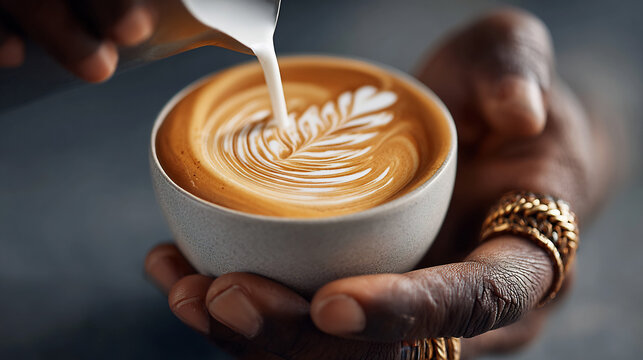 Close-up captures a barista creating latte art by pouring steamed milk into a cup of espresso.