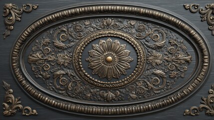 Intricate antique oval ornate decorative relief with floral motifs and metallic accents