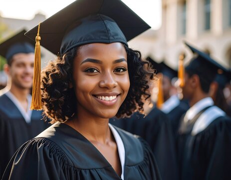 Happy graduate with campus ceremony. - Powered by Adobe